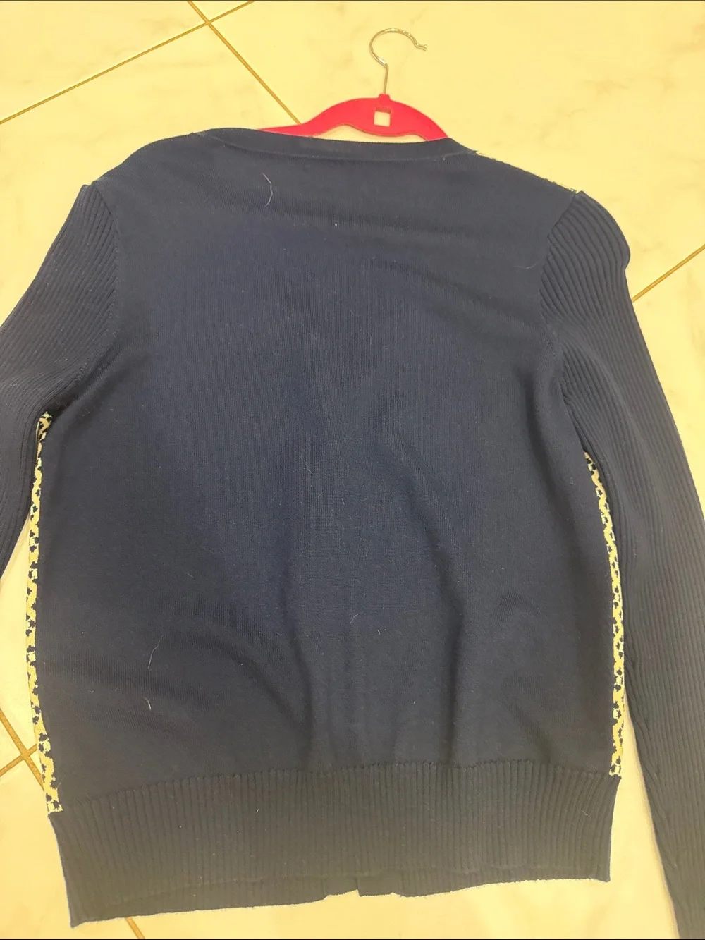 Tory Burch Navy and Cream Patterned V-Neck Cardigan, golf club buttons